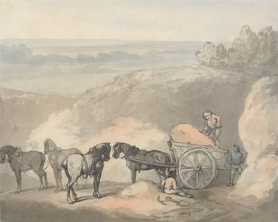 Paarden en een kar bij een zandkuil door Thomas Rowlandson